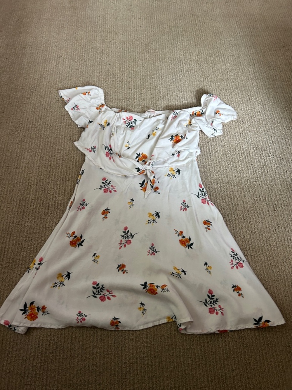 White Floral Off-Shoulder Tie-Waist Casual Dress